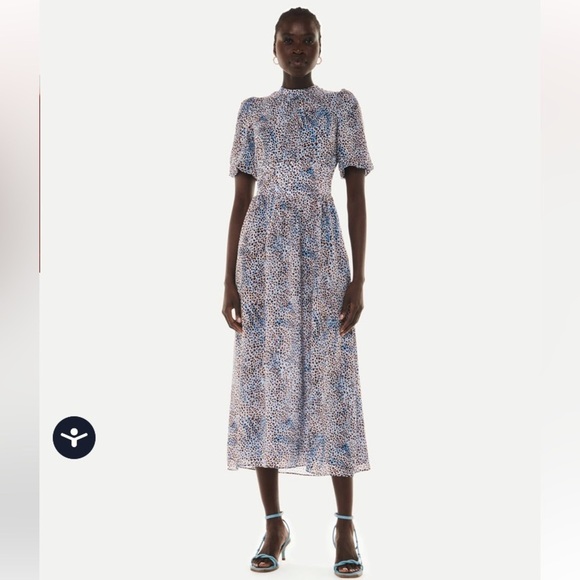 Whistles Blair Puff Sleeve Dress Women's Blue Midi Feminine Open Back Bow - Picture 9 of 13